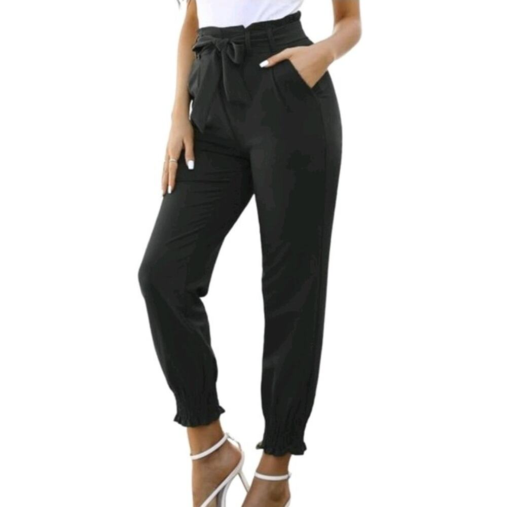 NWT Grace Karin High-Waisted Paperbag Waist Black Casual Dress Stretch Pants M